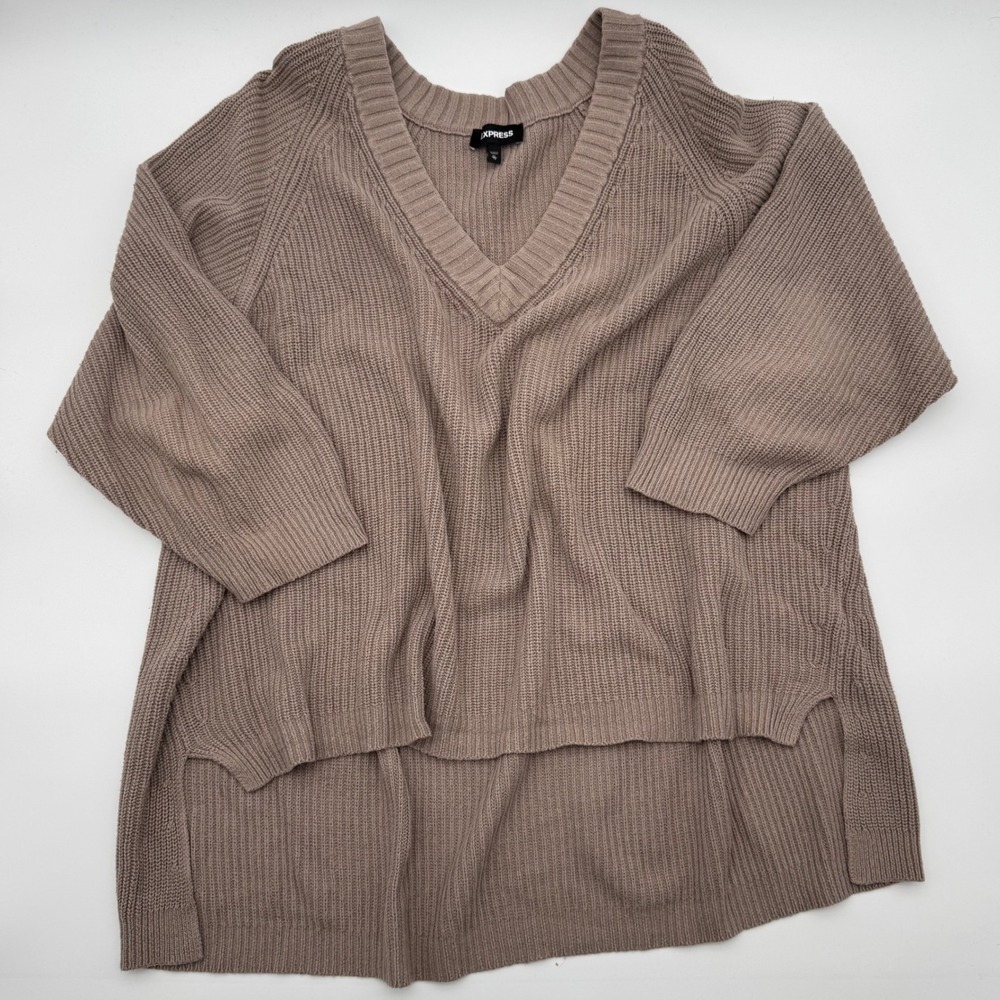 Express Women's Oversized V-Neck Shaker Knit Sweater Taupe Brown‎ High Low XL